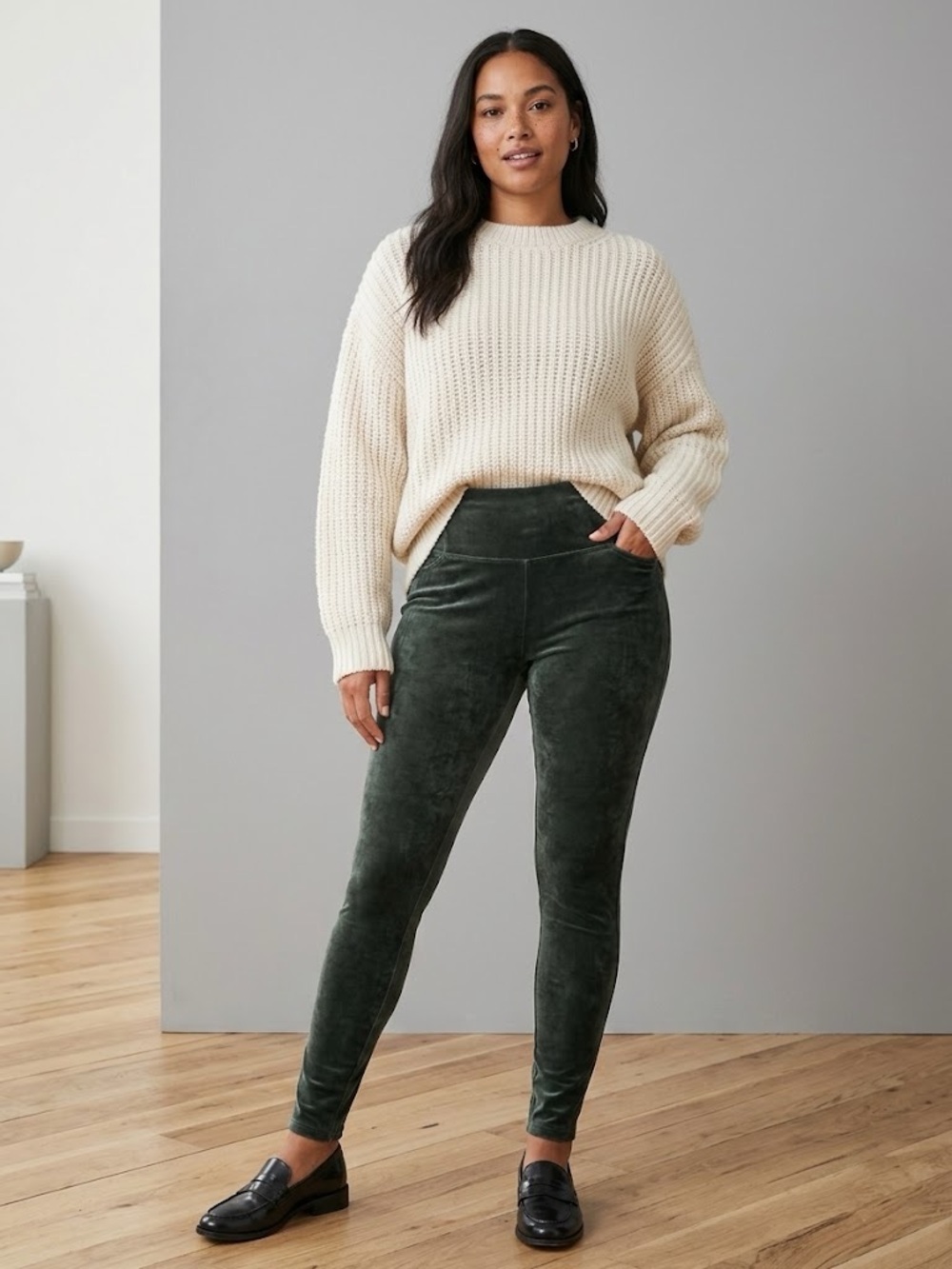 SPANX Dark Palm Green Velvet High Waisted Leggings Shaping Slimming Pants- S